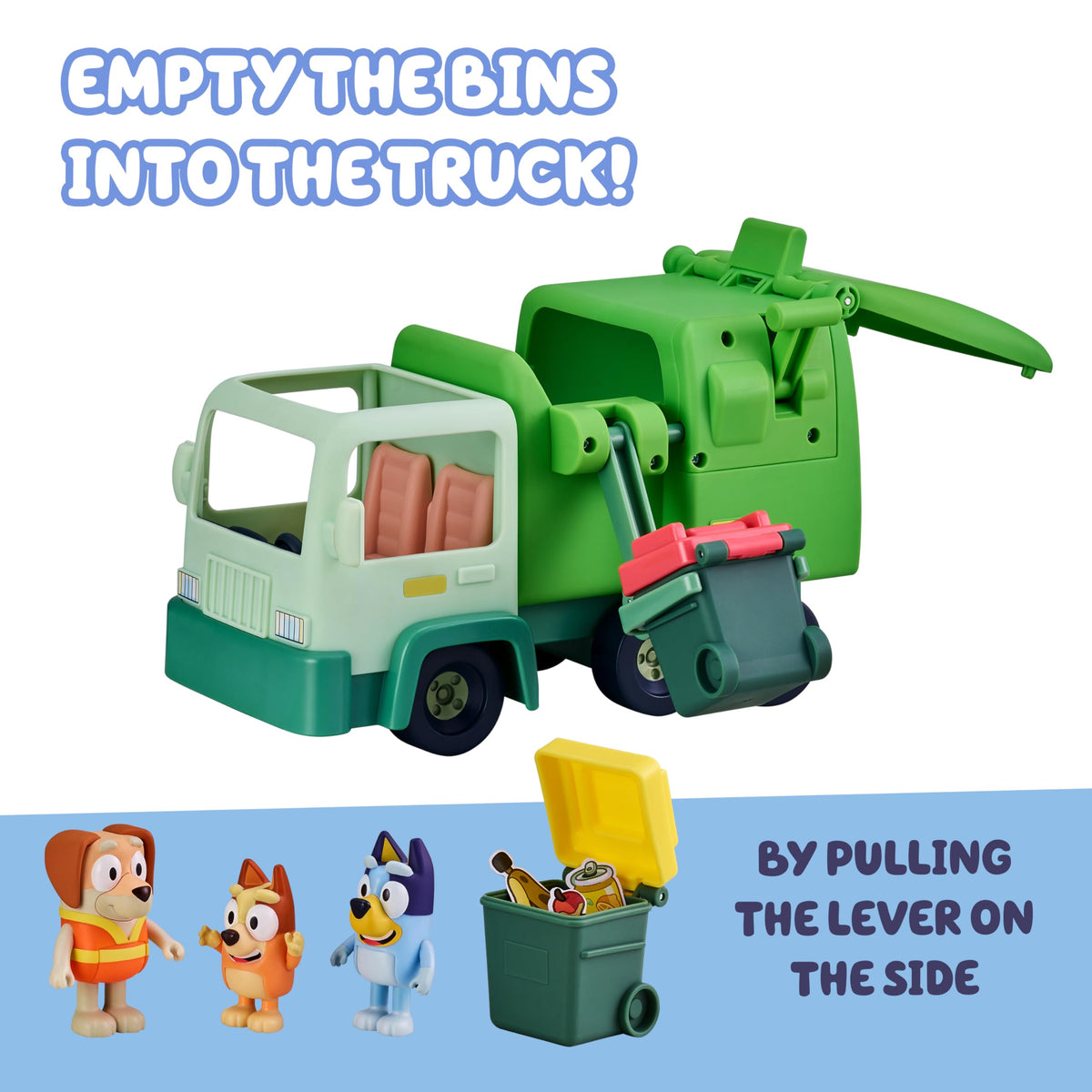 Rubbish bins attach to the Bluey truck for interactive tipping play.