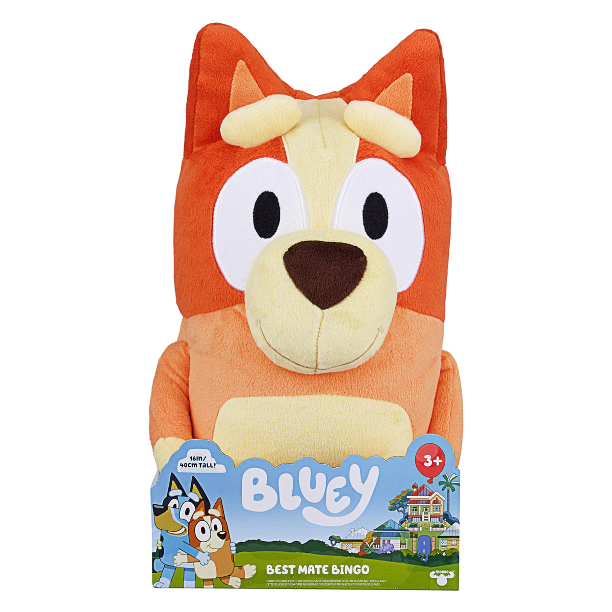Bluey S2 Jumbo Bingo plush, front view, premium soft fabric for cuddles and showtime