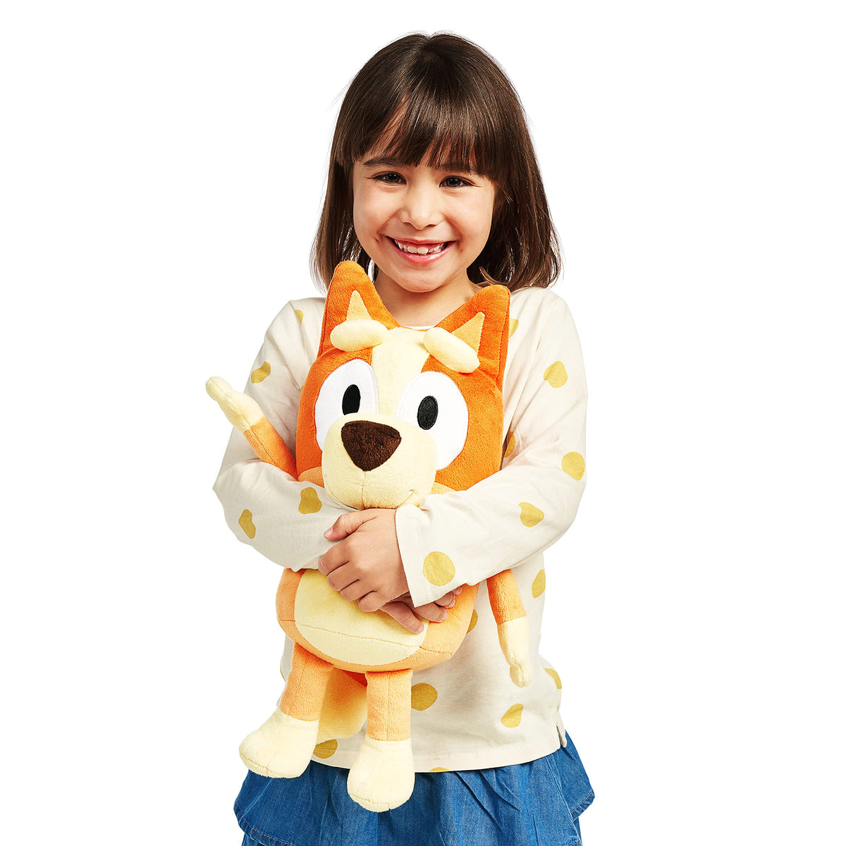 Bluey S2 Jumbo Bingo plush, side angle, embroidered details add charm for playtime storytelling