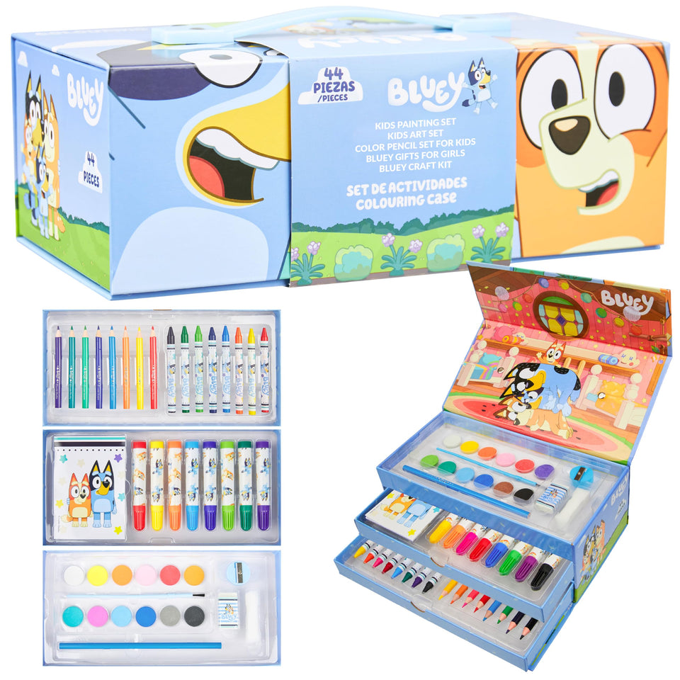 Bluey travel case open showing organized art supplies for on-the-go creativity