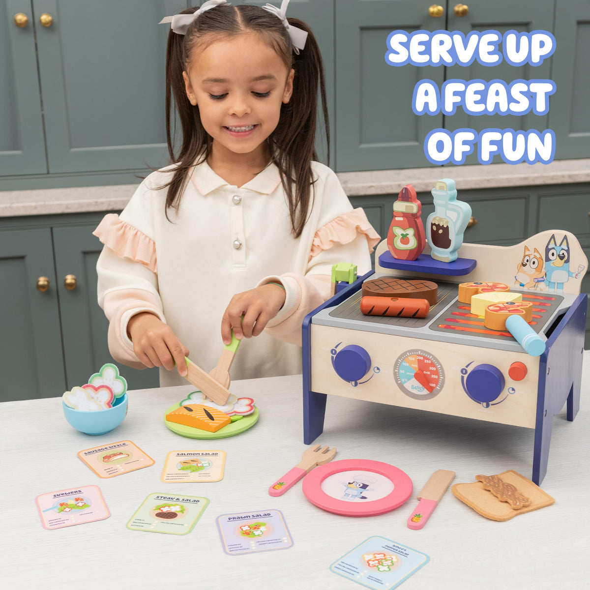 Bluey wooden food pieces in vibrant shapes for creative menus.