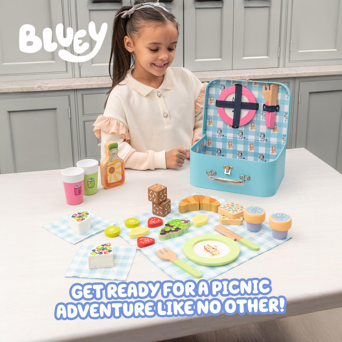 Bluey wooden picnic blanket with dining ware for kid-friendly pretend picnics