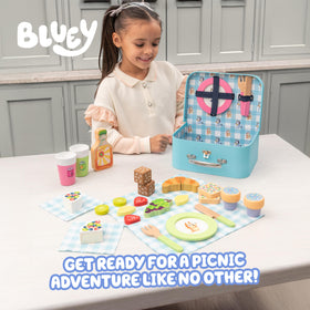 Bluey wooden picnic blanket with dining ware for kid-friendly pretend picnics