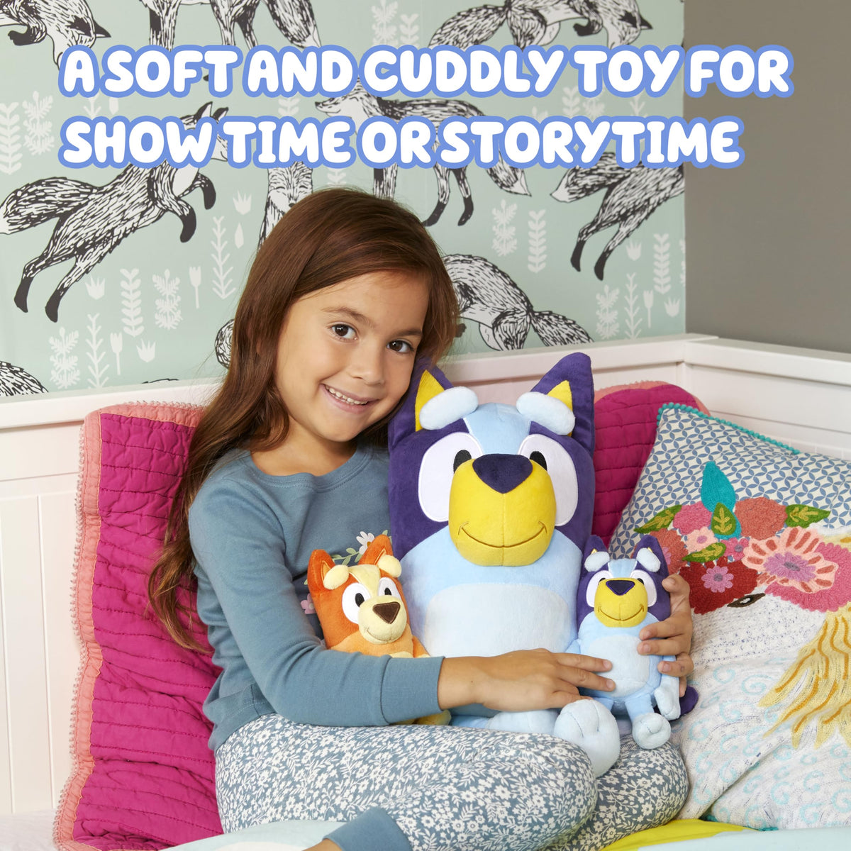 Bluey on a bed, ready for bedtime stories and soft naps.