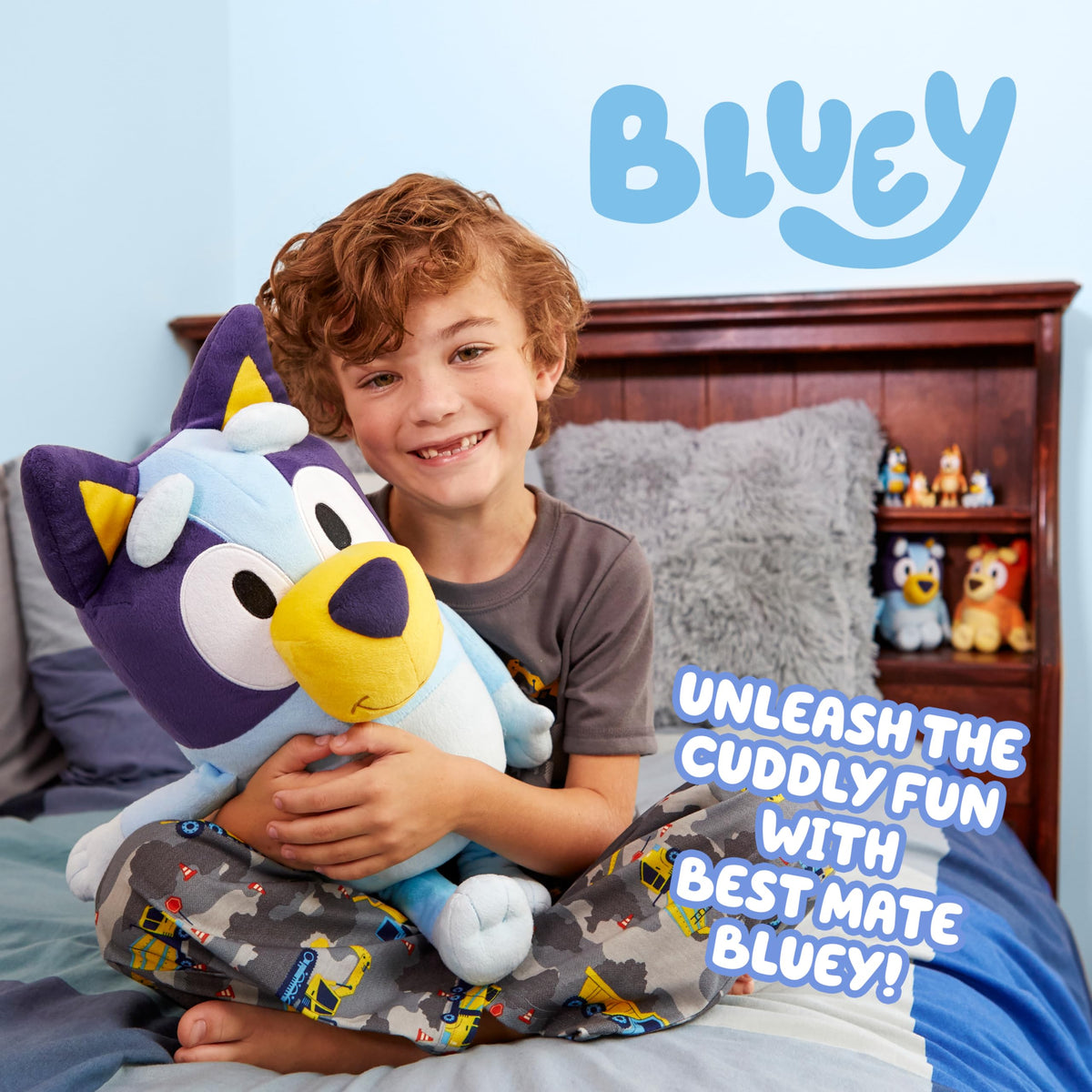 Bluey XL Plush shows ultra-soft deluxe material for gentle cuddles.