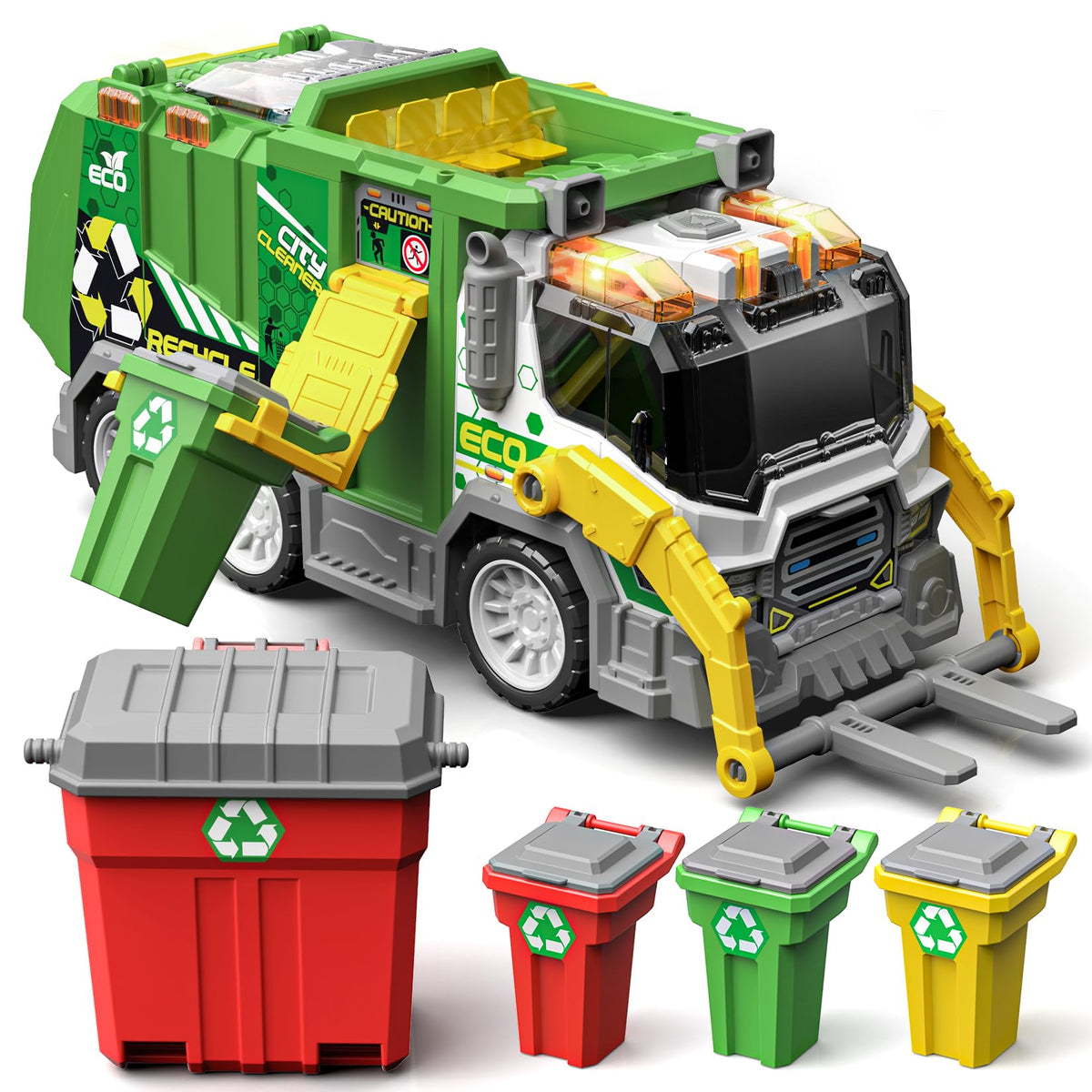 BLUEYAK large friction-powered garbage truck toy set front view for immersive pretend-play