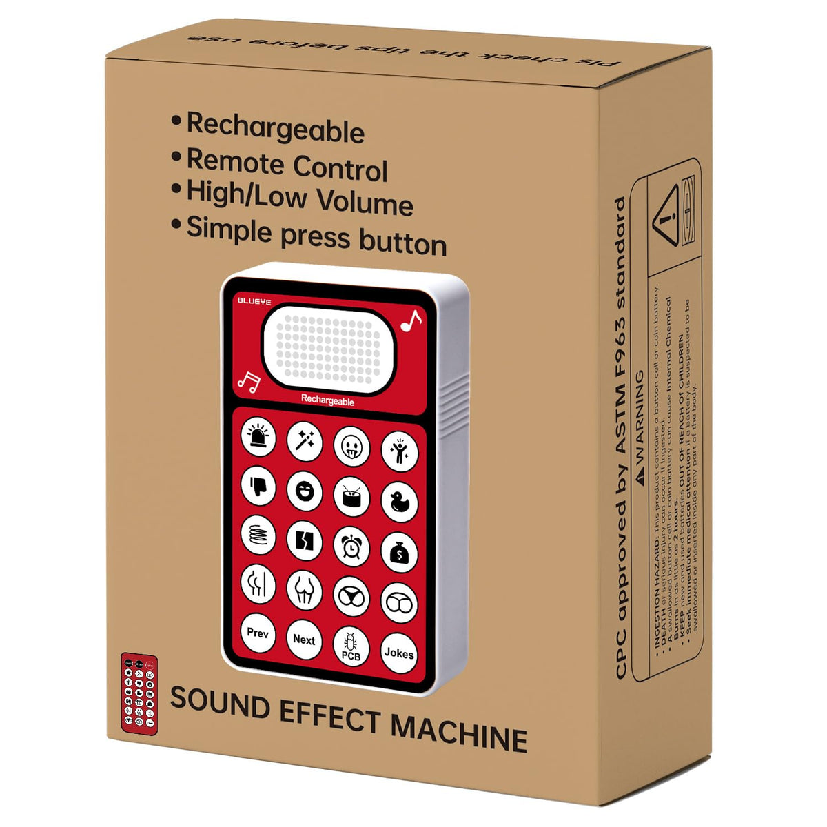 BLUEYE Rechargeable Sound Effects Machine shown in a compact, portable design for quick pranks