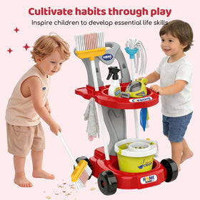 Bluocean kids playing with cleaning set, scenes of cooperative pretend chores.