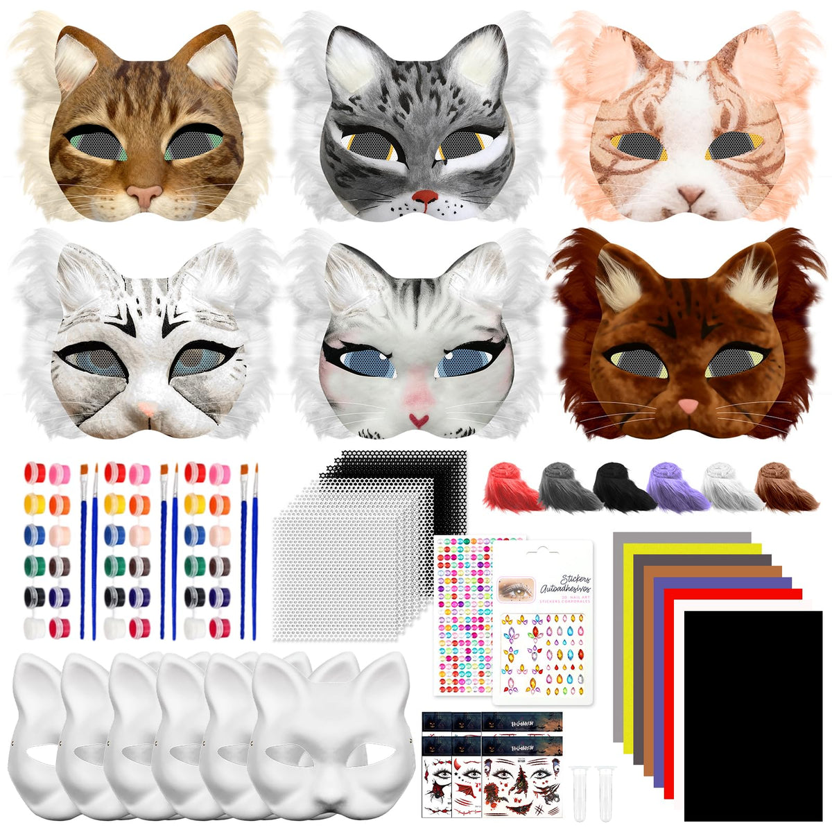 Blurap 83pcs Therian mask kit cat base with blank masks ready for DIY costume crafts