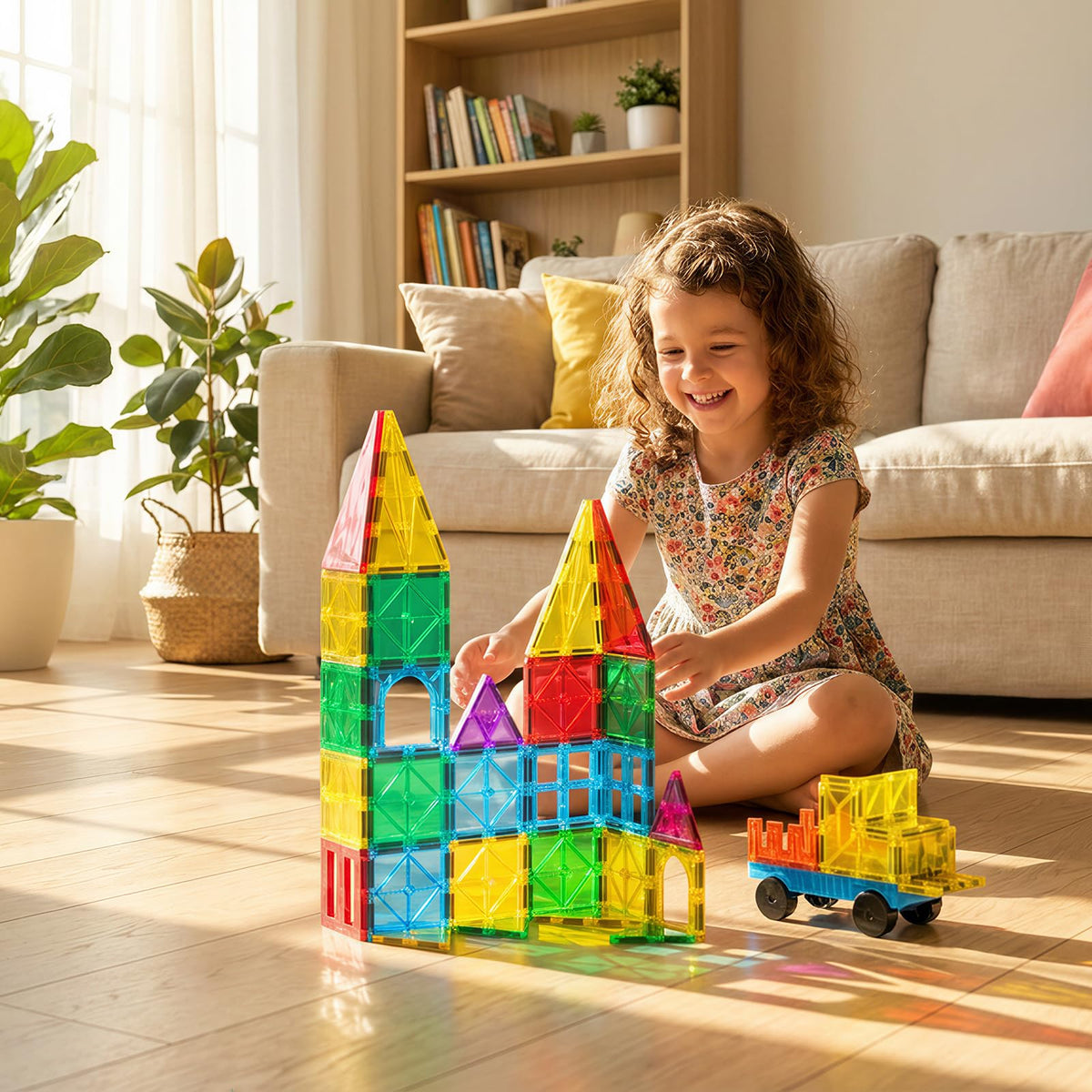 Bmag Montessori-inspired tiles promote imaginative construction and cooperative play for toddlers.