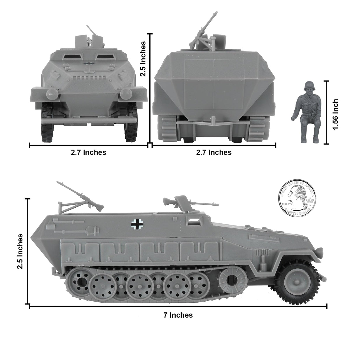 Front and rear mounted weapons on the gray Hanomag Halftrack by BMC Toys.