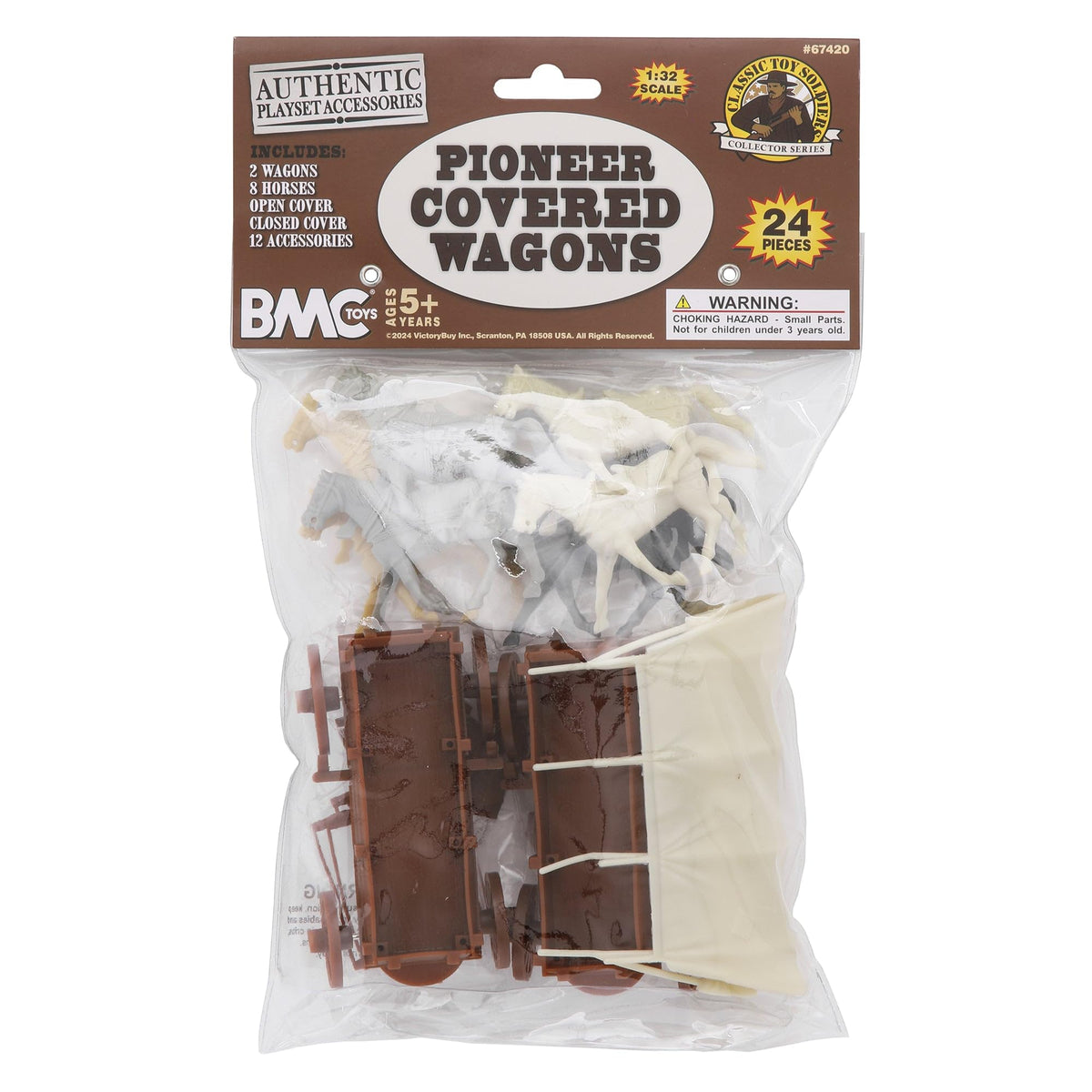 BMC Toys Pioneer Covered Wagons swiveling front wheels for lifelike maneuvering.