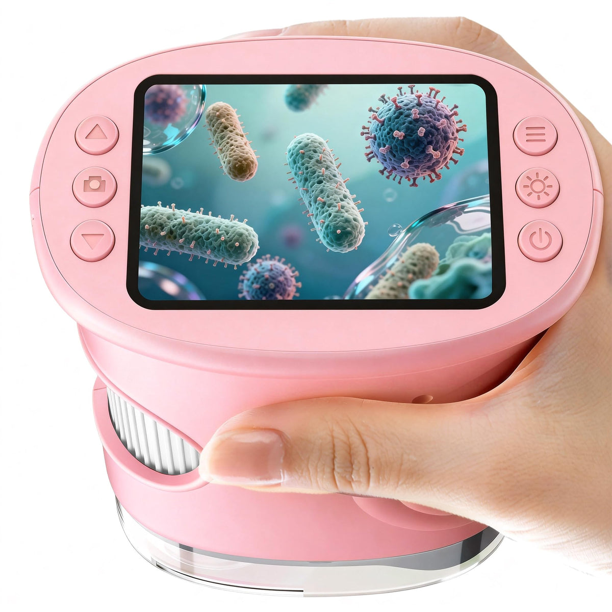 BMDSAE 1000X handheld microscope front view, ideal for small hands and quick science exploration.