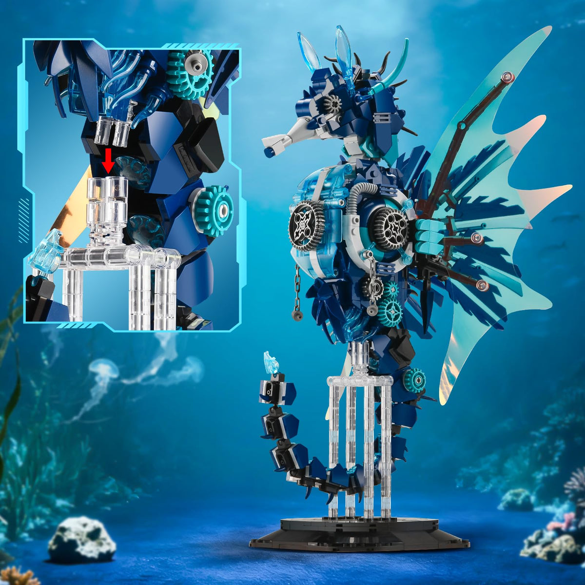 BNG Mechanical Seahorse Building Set featuring display stand for desk or shelf.