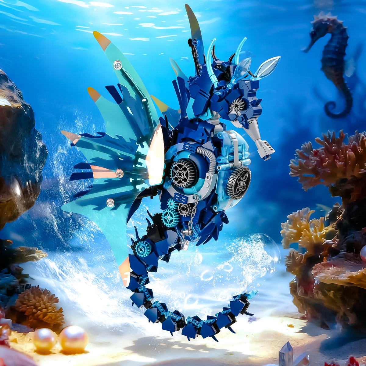 BNG Mechanical Seahorse Building Set showing movable joints for realistic poses.