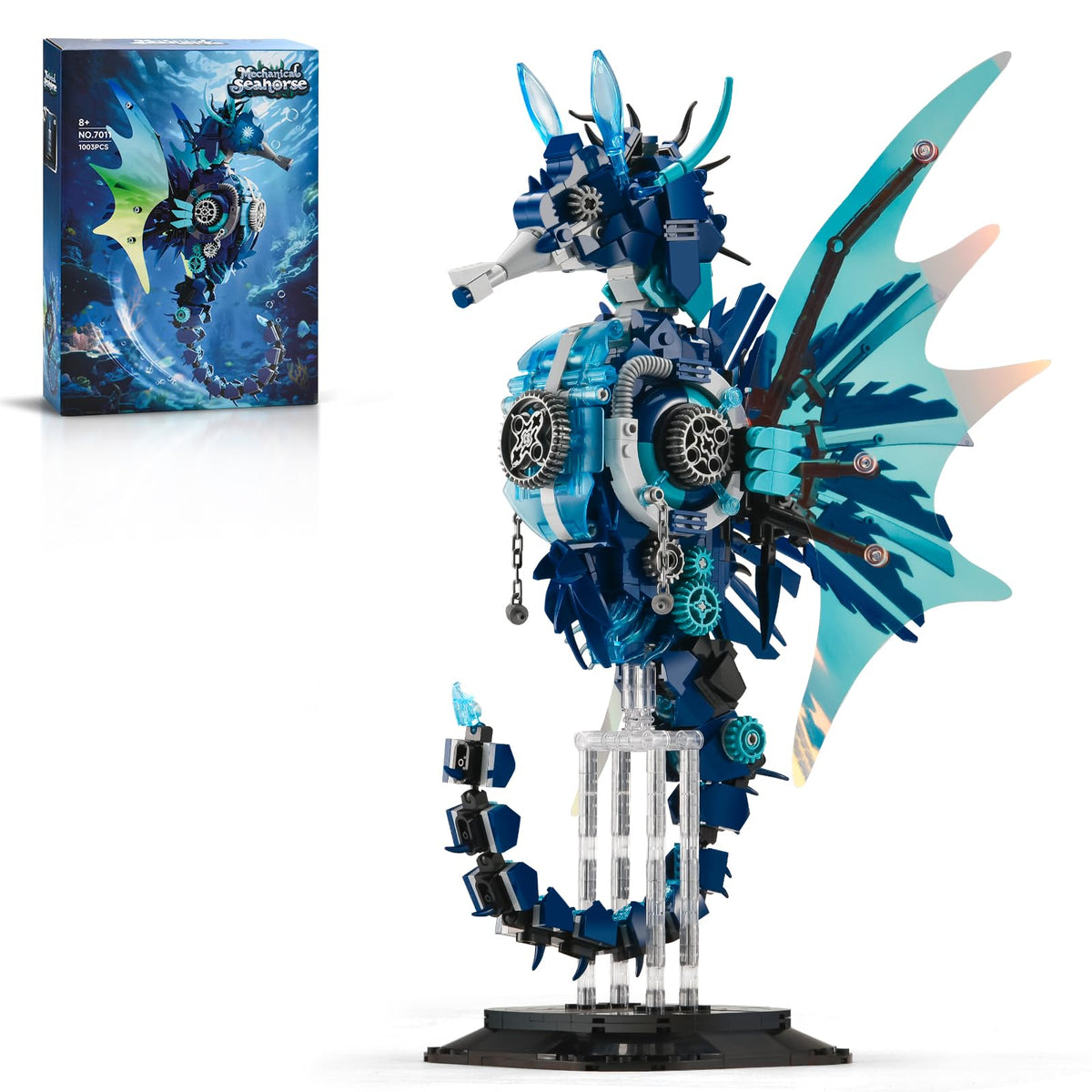 BNG Mechanical Seahorse Building Set with poseable joints for dynamic display.