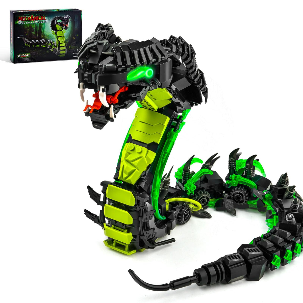 BNG mechanical snake head with glowing eyes enhances display and tactile learning.
