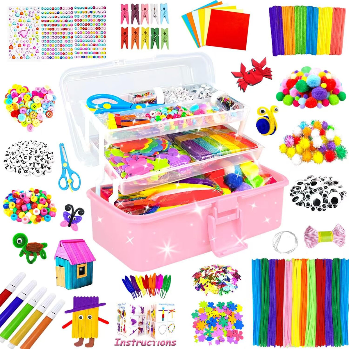 BNUZEIYI 3-layer pink craft box keeps kids' supplies organized for on-the-go creativity.
