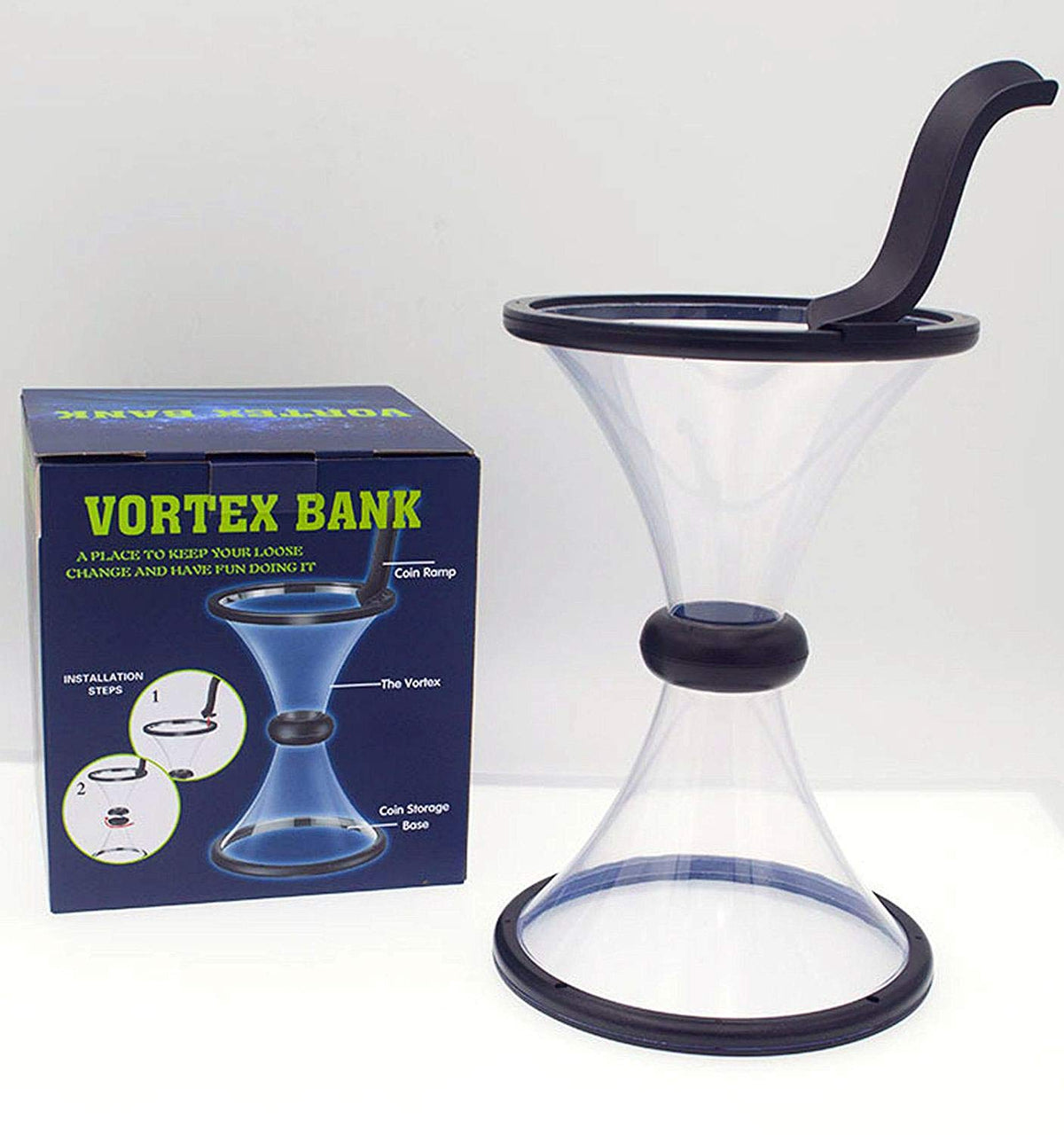 Bo-Toys Vortex coin bank side angle reveals looping path of energy.