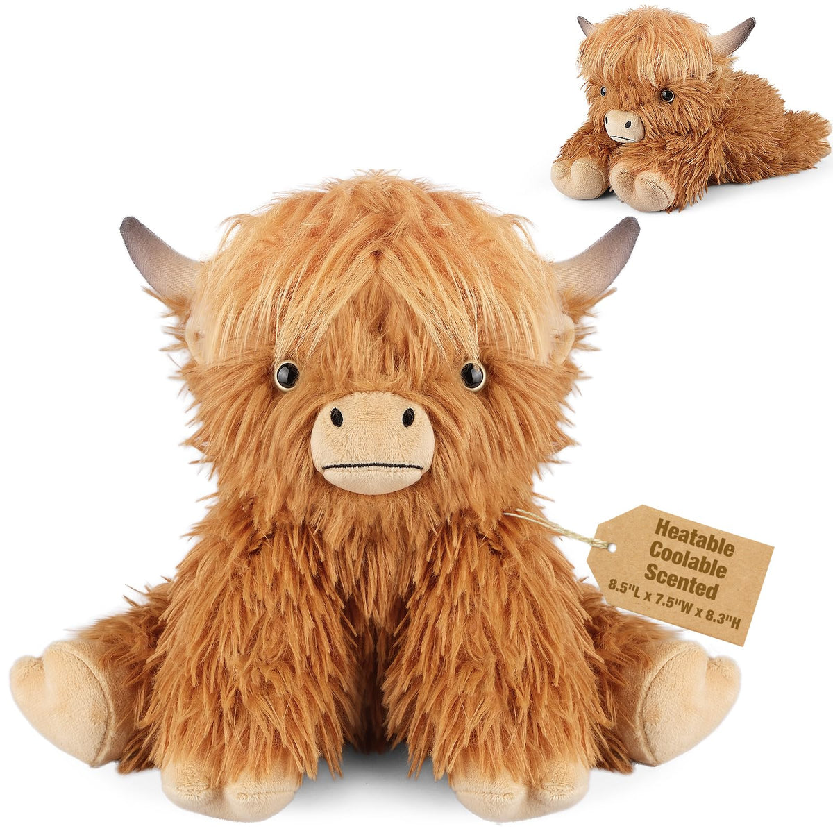 Bobbie & Laxi Highland Cow plush sits up for comforting play and cozy support.
