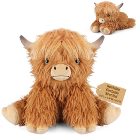 Bobbie & Laxi Highland Cow plush sits up for comforting play and cozy support.