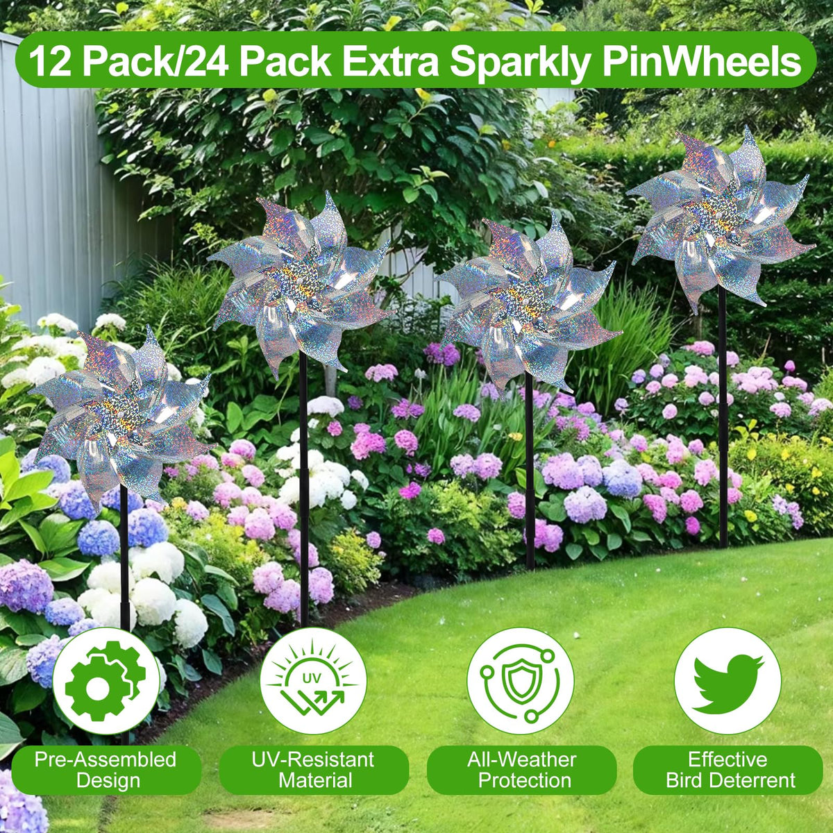 BobbleT ground stakes keep pinwheels stable in windy lawns.