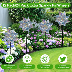 BobbleT ground stakes keep pinwheels stable in windy lawns.