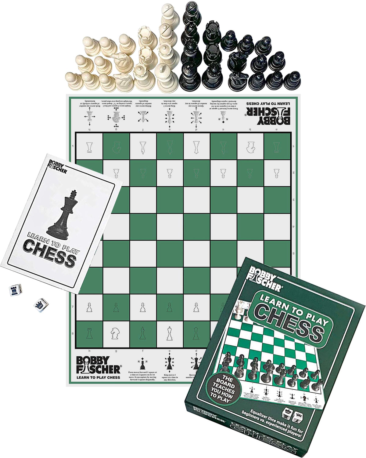 Bobby Fischer Learn to Play Chess illustrated board showing setup and moves