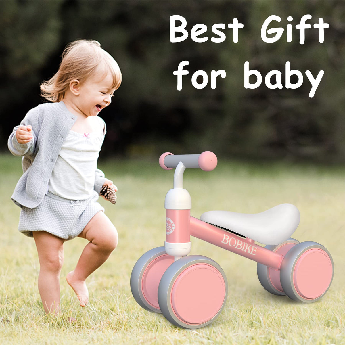 Bobike Balance Bike pink packaging and assembly image suggests quick setup