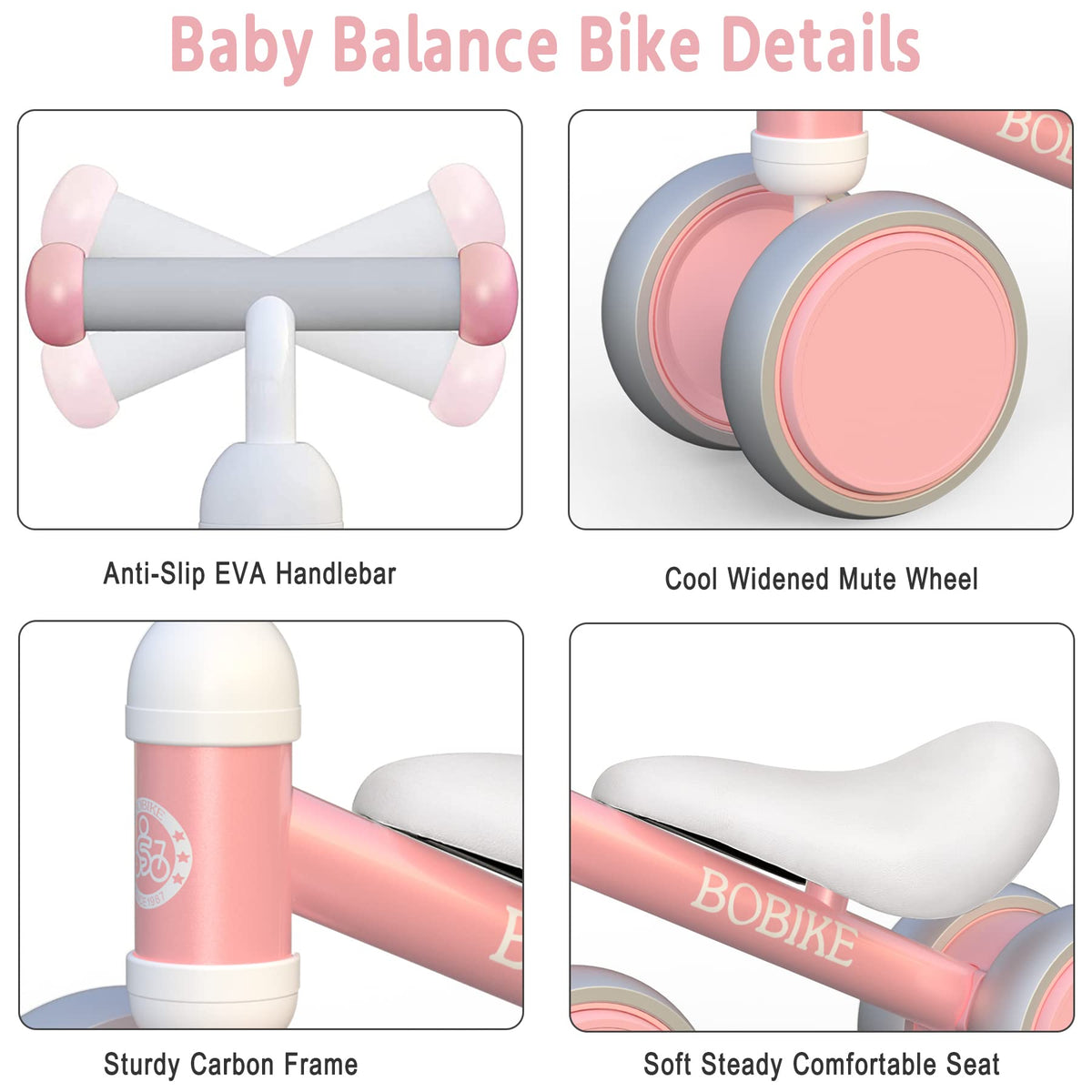 Bobike Balance Bike pink seat closeup shows comfortable non-slip design