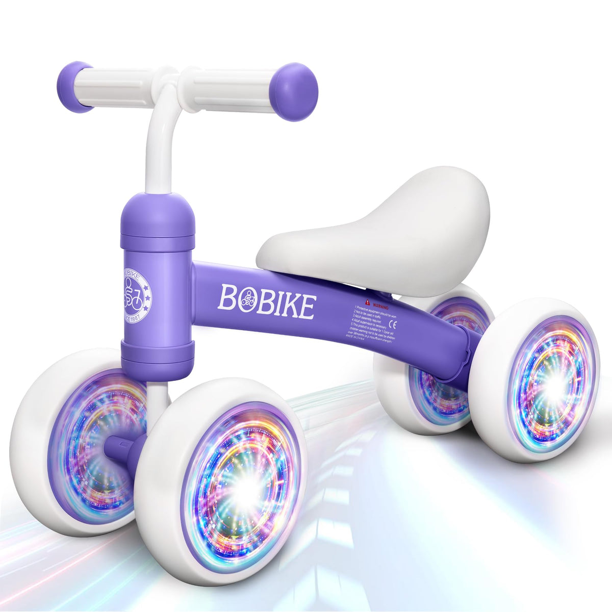 Bobike baby balance bike front view in purple-light showing child-ready design and color