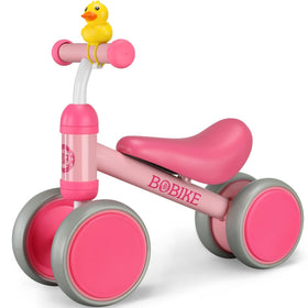 Bobike Baby Balance Bike Rose Red front view highlights sturdy four-wheel stability for toddlers.