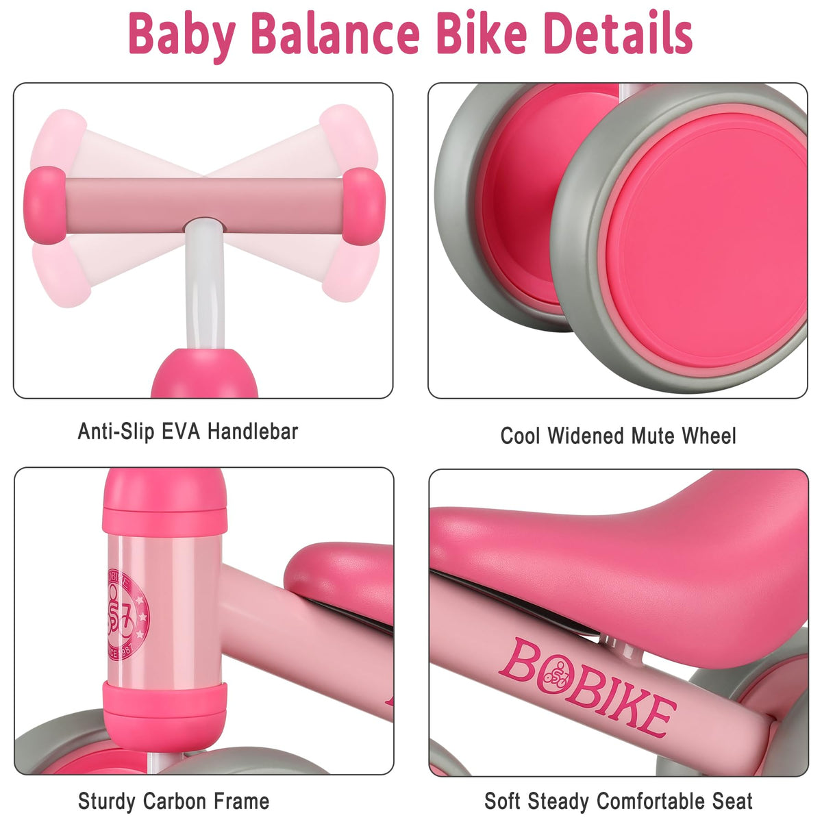 Bobike balance bike Rose Red side view demonstrates easy-grip handle and kid-friendly frame.