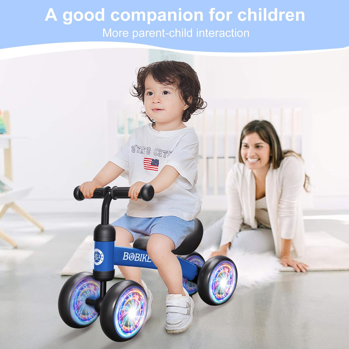 Bobike baby balance bike toy front view shows four-wheel stability.