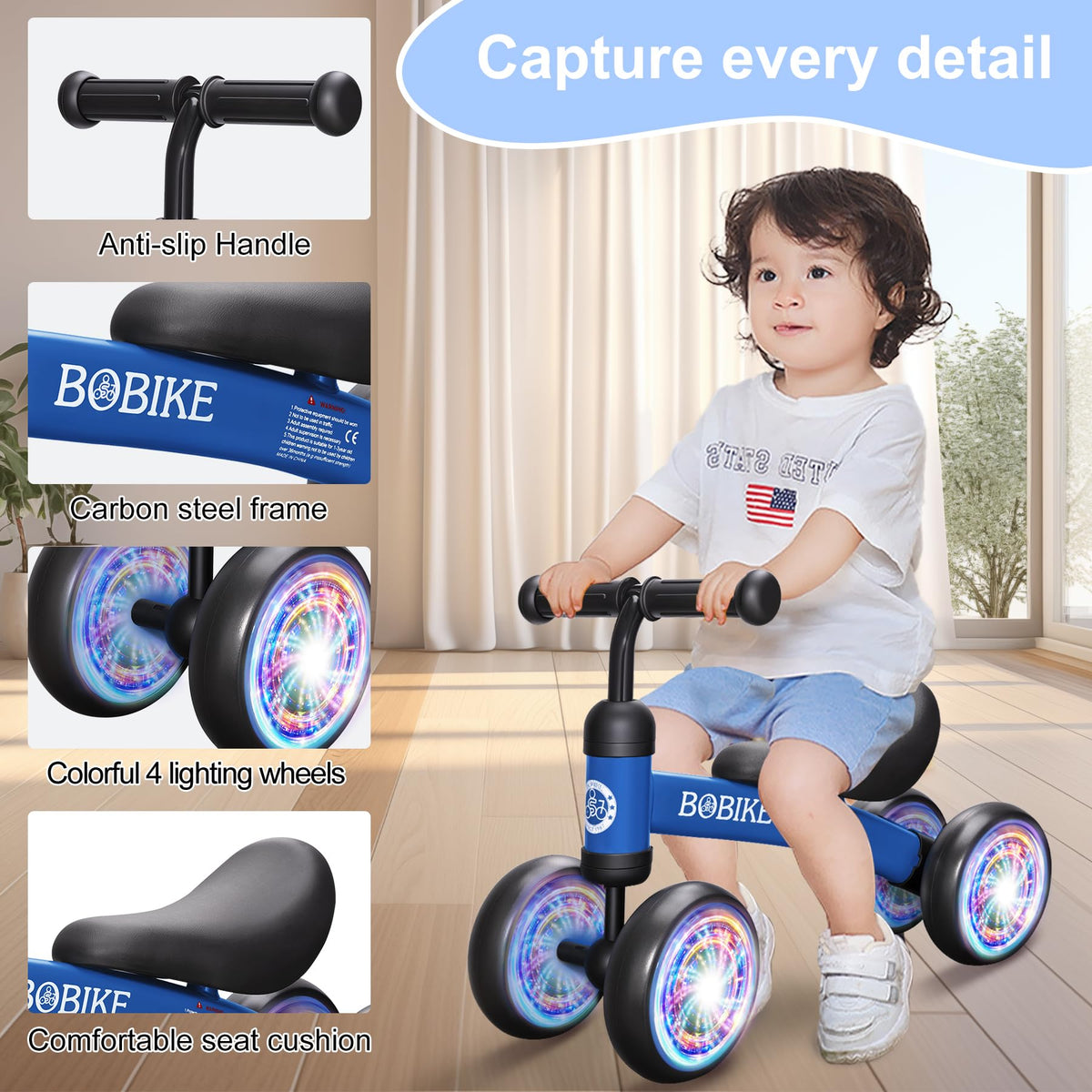 Bobike balance bike wheels close-up shows wide non-slip grip.