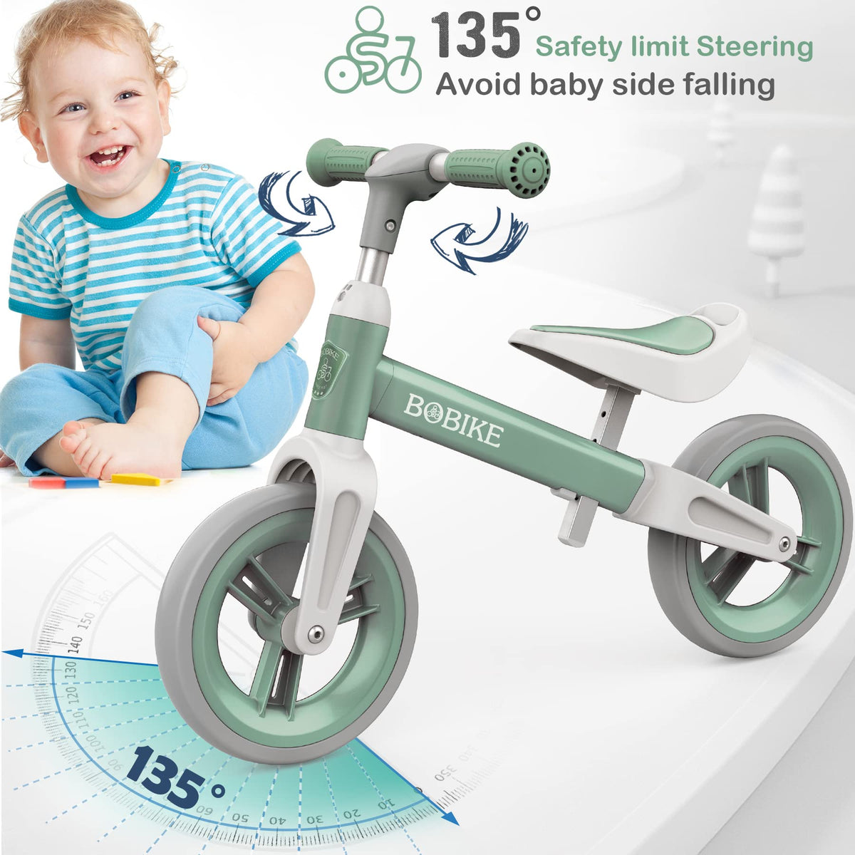 Bobike green balance bike for indoor and outdoor play.