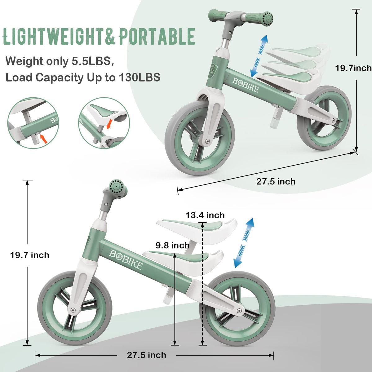 Bobike balance bike green front view with beginner-friendly design.