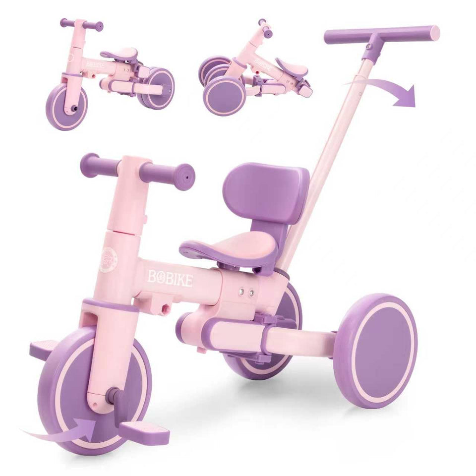 Bobike toddler bike with push handle in deep purple, front view showing 5-in-1 versatility.