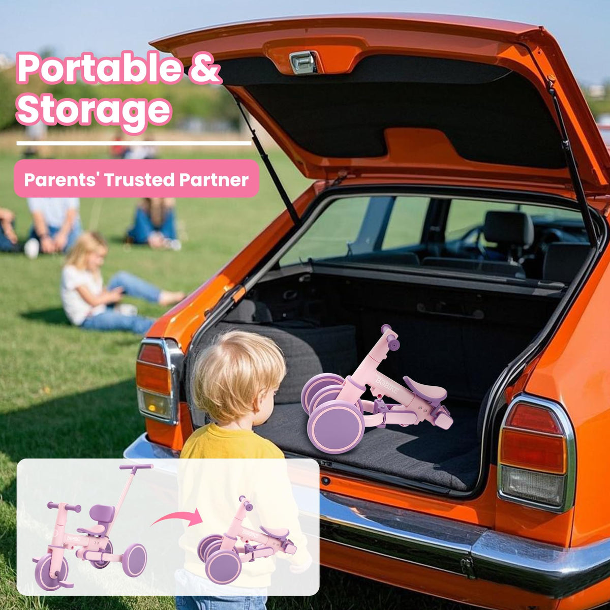 Bobike parent-controlled steering promotes guided rides during family outings.