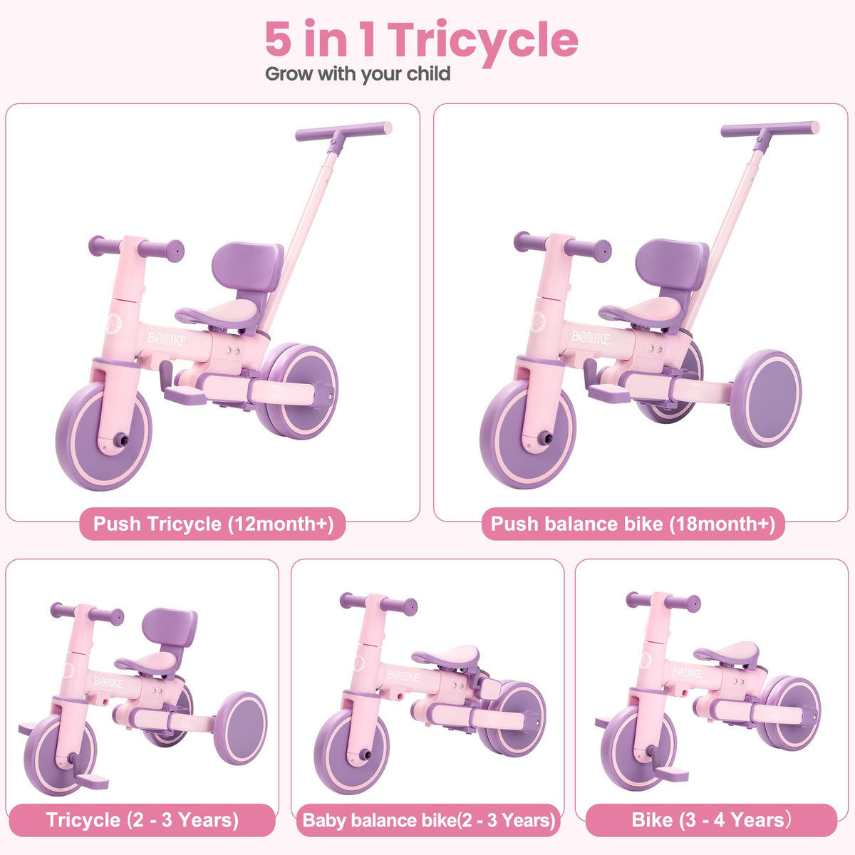 Bobike toddler bike with push handle, deep purple, side view highlights adjustable height for growing children.