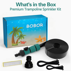 Bobor Trampoline Sprinkler in use cools surface while kids jump outside.