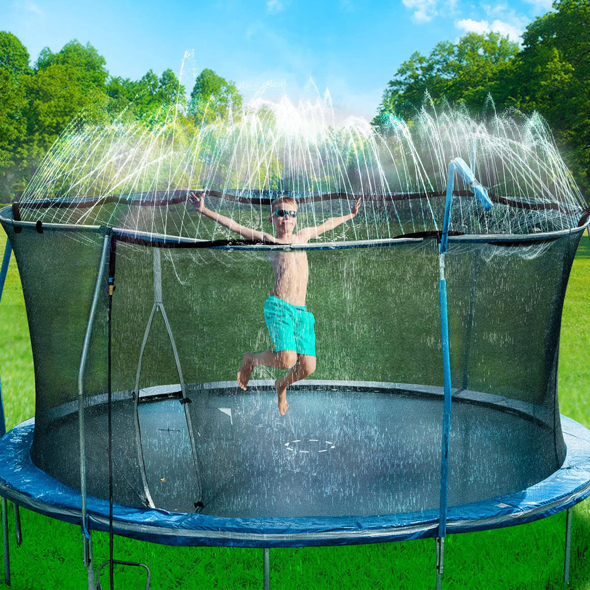 Bobor Trampoline Sprinkler on trampoline provides cool, active outdoor fun for kids.