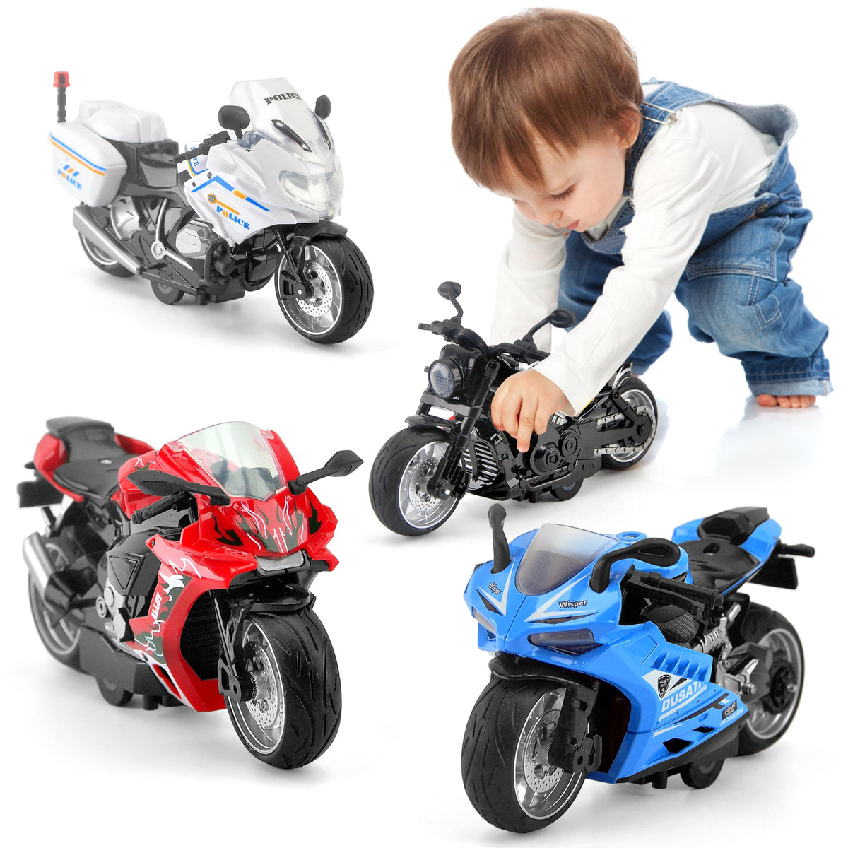 BOBUEXER 4-pack motorcycle toys for social play and imaginative storytelling.