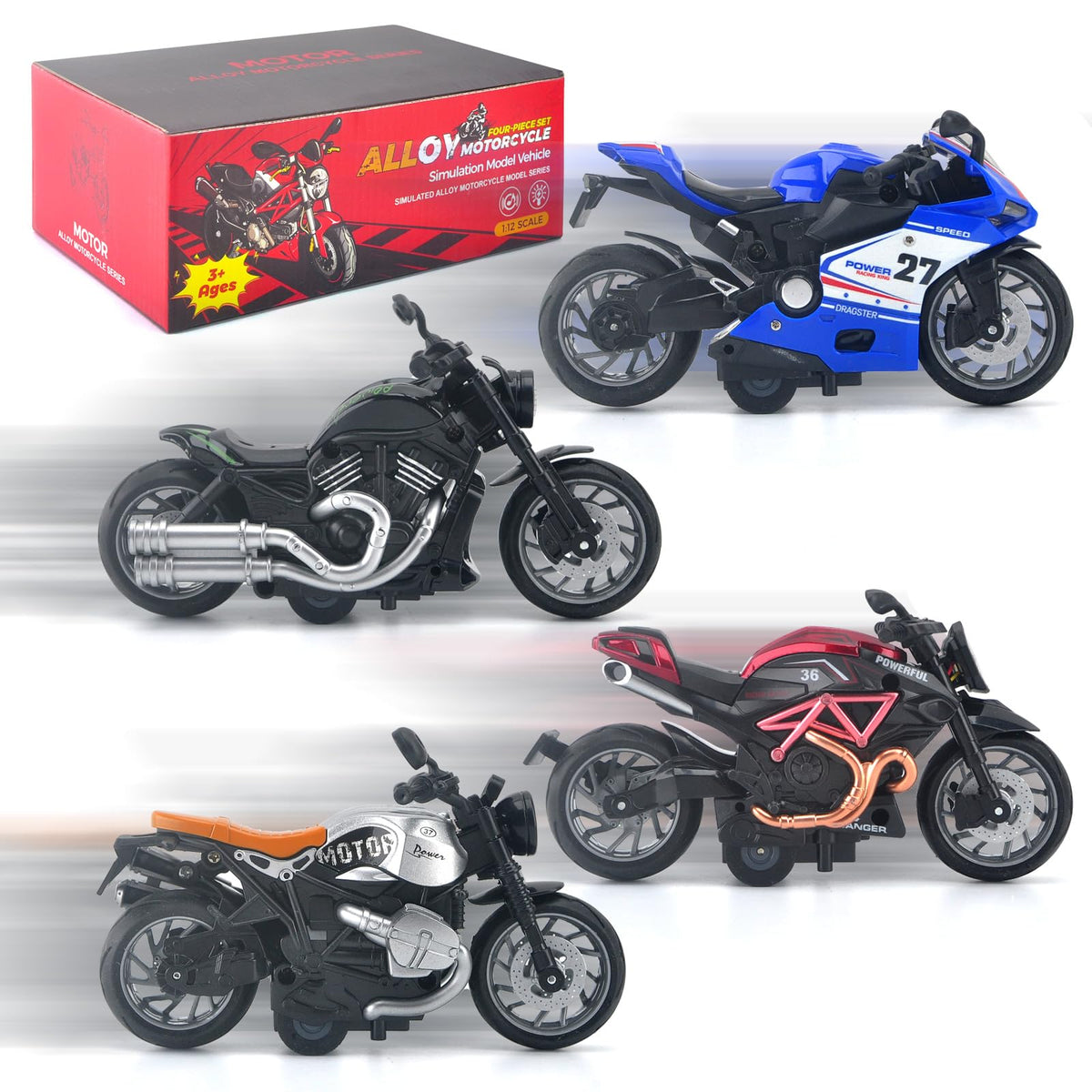 BOBUEXER four-pack pull-back motorcycles with bright headlights for engaging play.