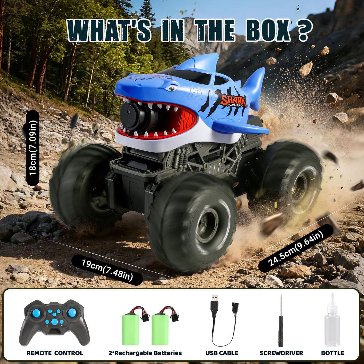 BOBXIN amphibious RC shark monster truck blue ready for backyard race