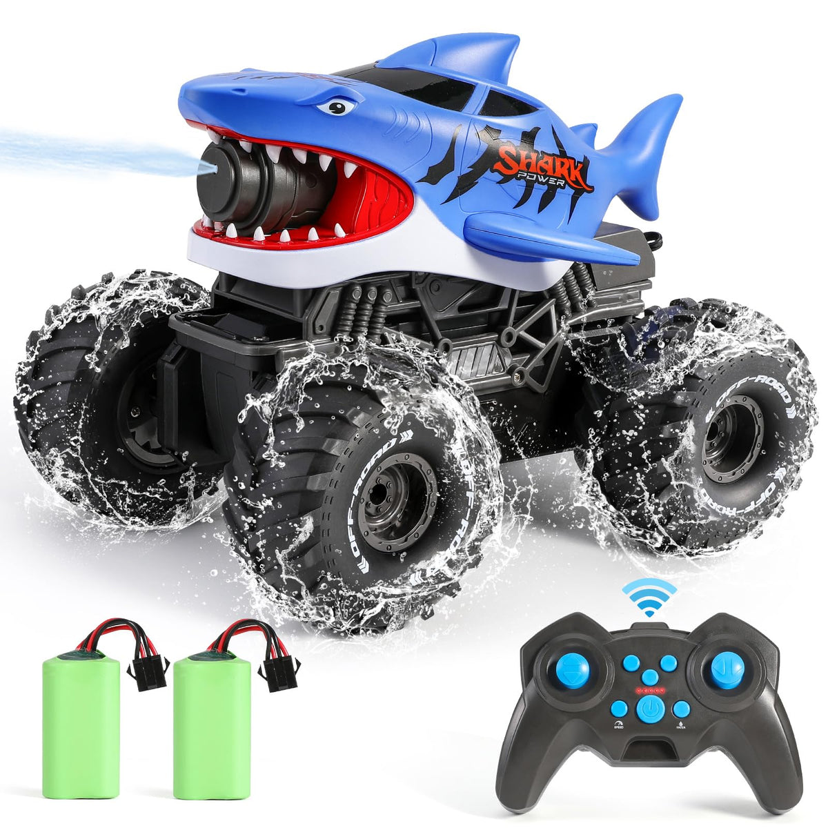 BOBXIN amphibious RC shark monster truck blue front view for outdoor play