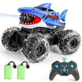 BOBXIN amphibious RC shark monster truck blue front view for outdoor play