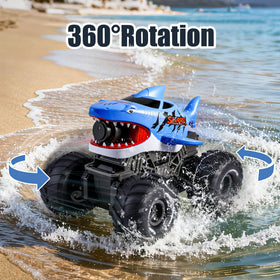 BOBXIN amphibious RC shark monster truck blue in action during pool play