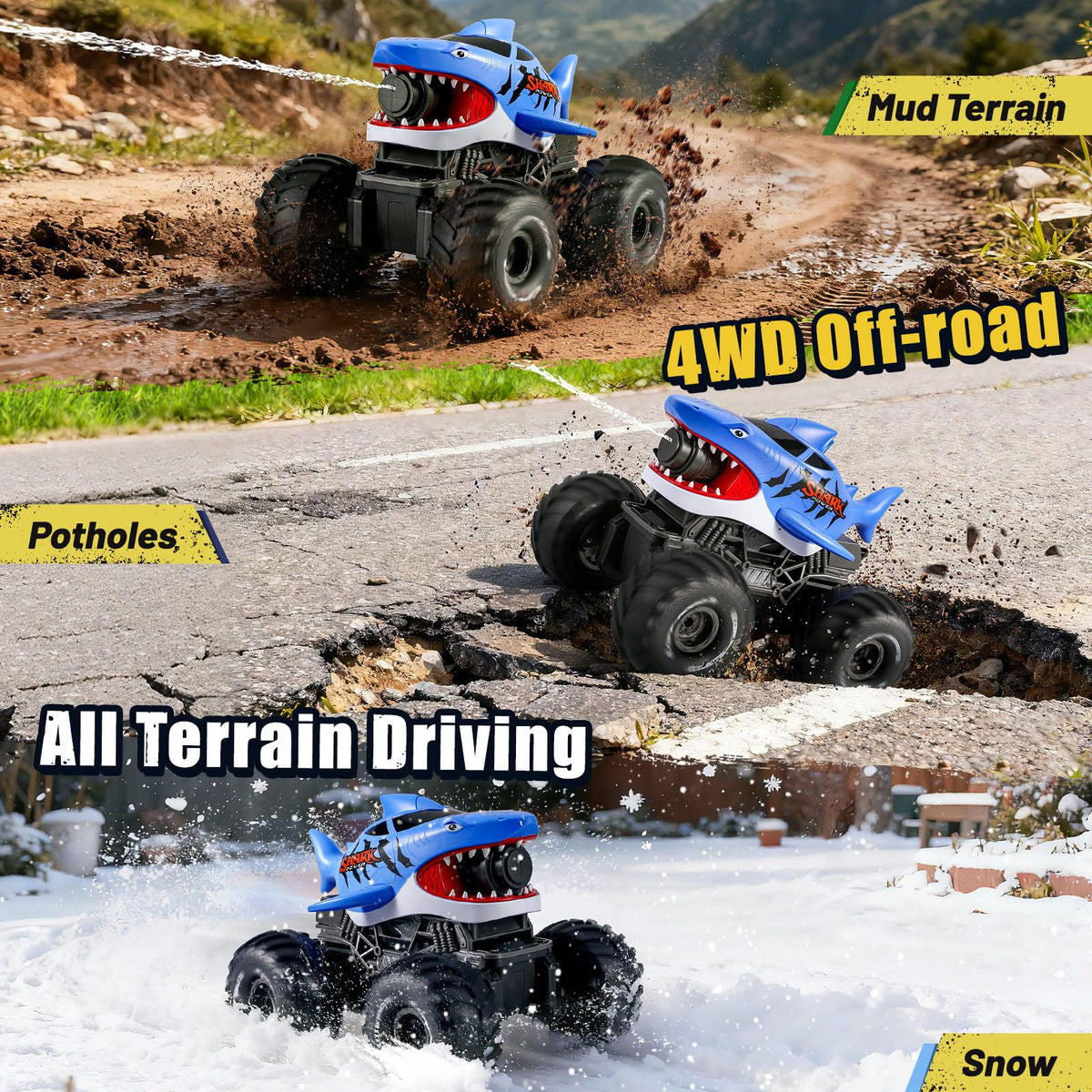 BOBXIN amphibious RC shark monster truck blue rear view highlights waterproof design
