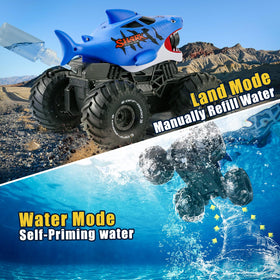 BOBXIN amphibious RC shark monster truck blue side view showcases rugged off-road potential